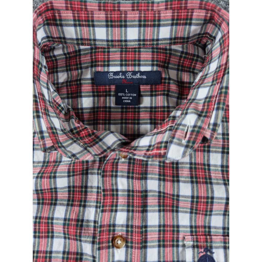 Brooks Brothers Fleece Mens Large Red White Blue Plaid Cotton Button Down Shirt - Picture 3 of 7